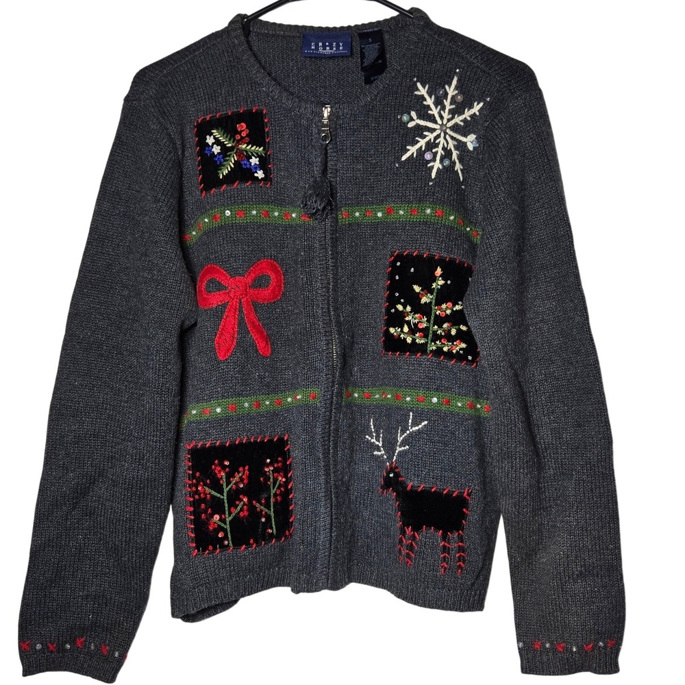 Crazy Horse Liz Claiborne Christmas Reindeer Full Zip Cardigan Sweater‎ Small
